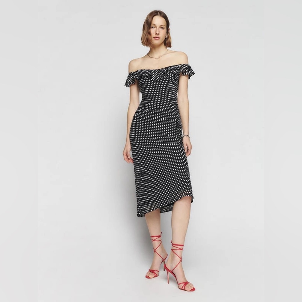 NWT Reformation charm off should polka dot dress. Size L.